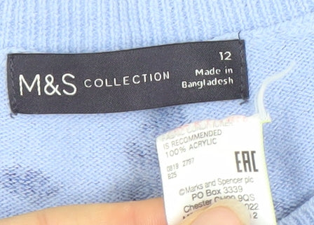 Marks & Spencer Women’s Blue Geometric Acrylic Crew Neck Jumper Size 12