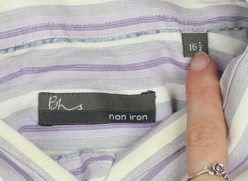 BHS Men's Purple Striped Non-Iron Long Sleeve Cotton Blend Shirt Size 16.5 Regular
