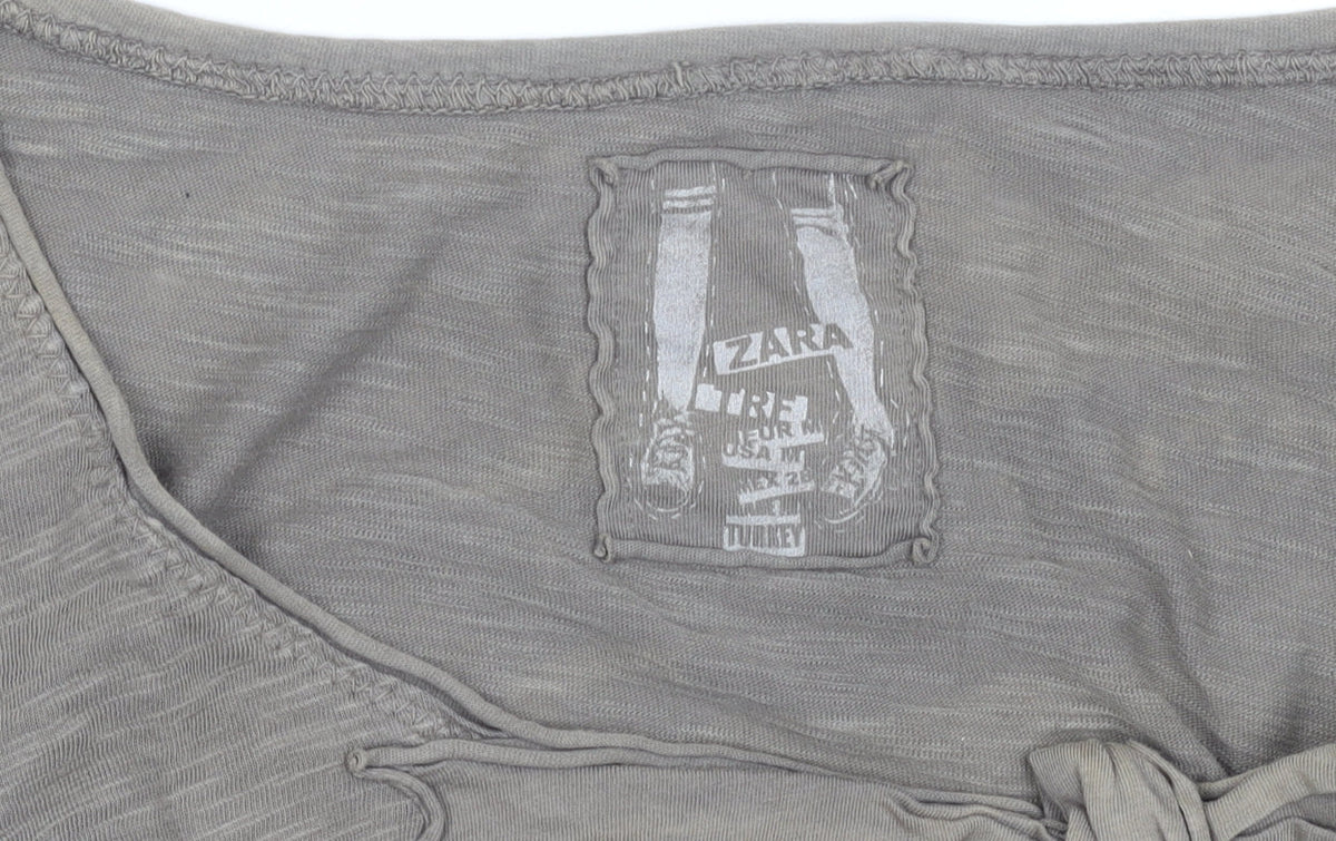 Zara Women Brown Bow Detail Short Sleeve Cotton T-Shirt Size M