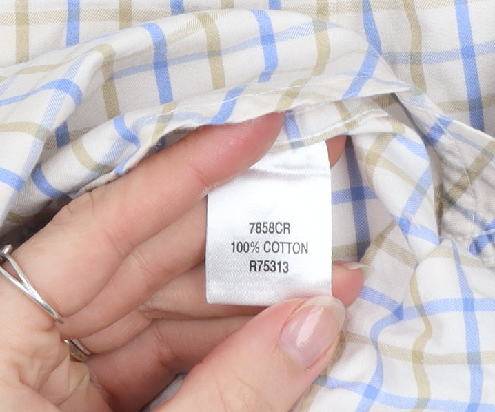 Brook Taverner Men's Beige Blue Check Classic Fit Cotton Shirt 15.5in