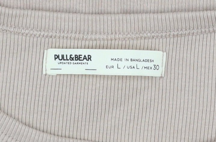 Pull&Bear Womens Beige Basic Ribbed Cotton T-Shirt Size L