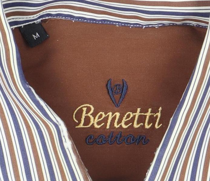 Benetti Men's Brown Striped Button-Down Long Sleeve Cotton Formal Shirt M