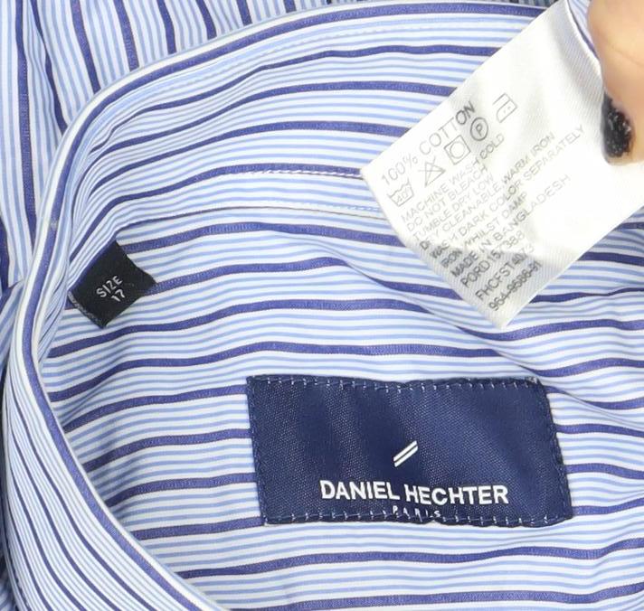 Daniel Hechter Men's Blue Striped 17in Regular Fit Cotton Long Sleeve Shirt