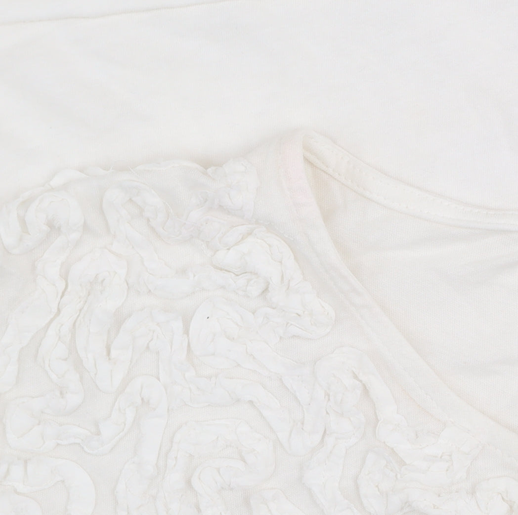 Zara Women Ivory Ruffle Textured Short Sleeve Cotton T-Shirt L