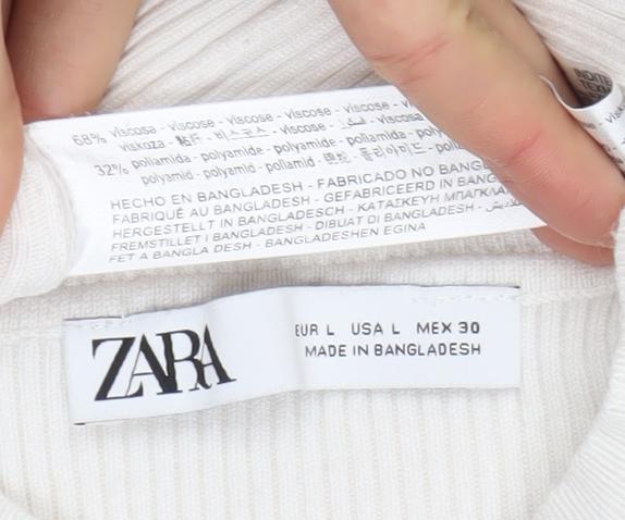 ZARA Women Ivory Long Sleeve Ribbed Button Knit Top Size L