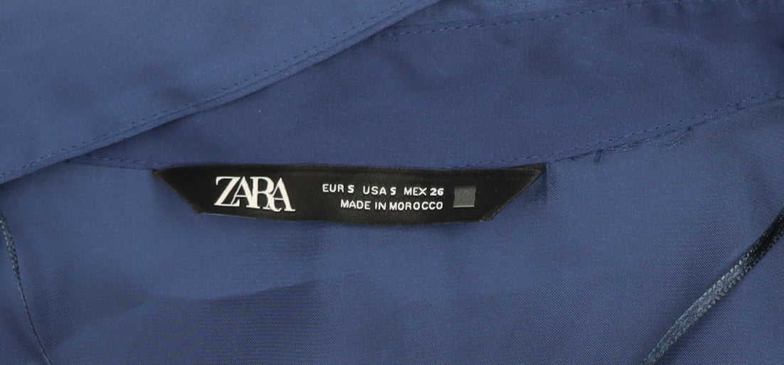 Zara Women Blue Collared Satin Long Sleeve Button Blouse Size S