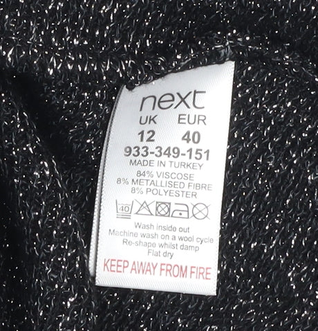 Next Women’s Black Glitter High Neck Jumper Size 12 Dolman Sleeve Knit
