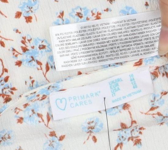 Primark Womens Floral Puff Sleeve A-Line Dress White Blue Size 12