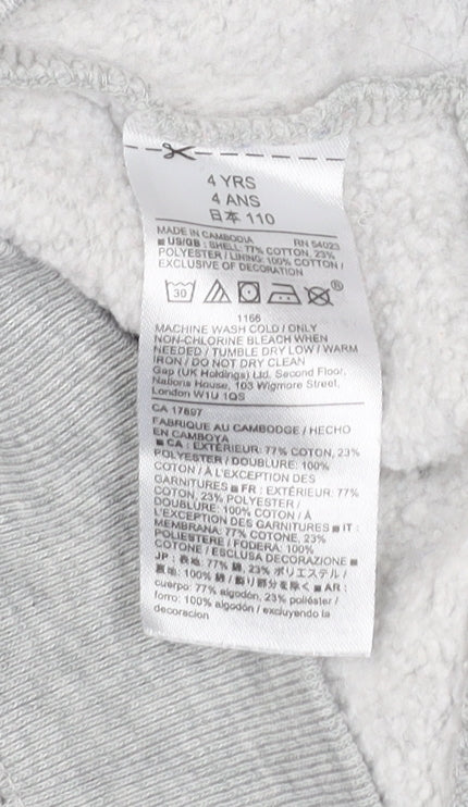Gap Boys Grey Pullover Hoodie 4 Years Cotton Blend Logo Sweatshirt