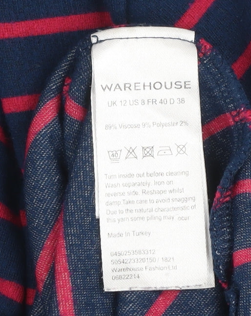 Warehouse Women's Blue Striped 3/4 Sleeve Crew Neck Jersey Top Size 12