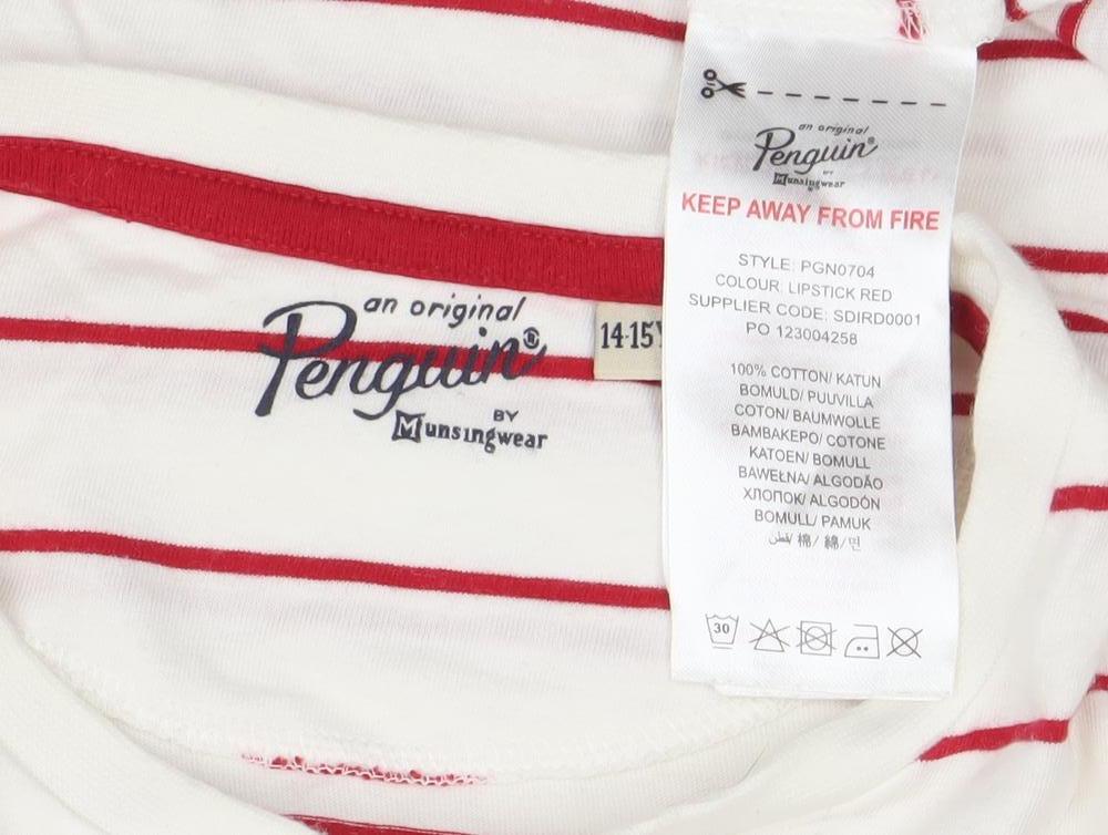 Penguin Boys White Red Striped Cotton Crew Neck T-Shirt Size 14-15 Years
