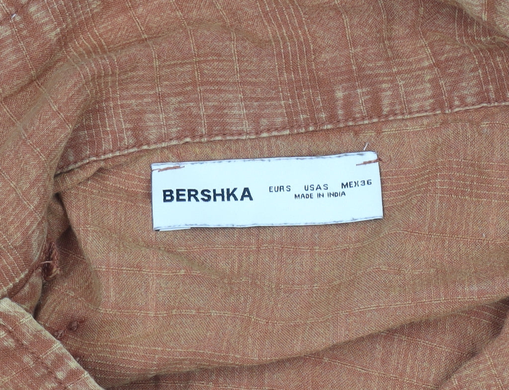 Bershka Women Brown Linen Embroidered Short Sleeve Button-Up Shirt Size 8