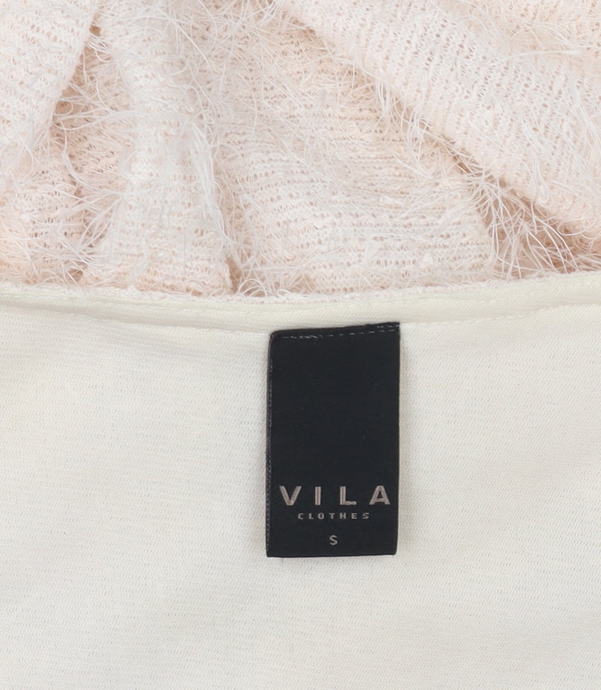 VILA Women Beige Knit Bodycon Dress Size S Puff Sleeve