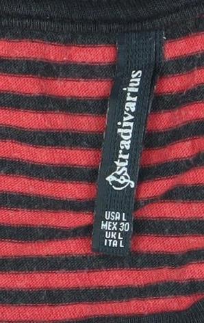 Stradivarius Women's Red Striped Embroidered T-Shirt Size L