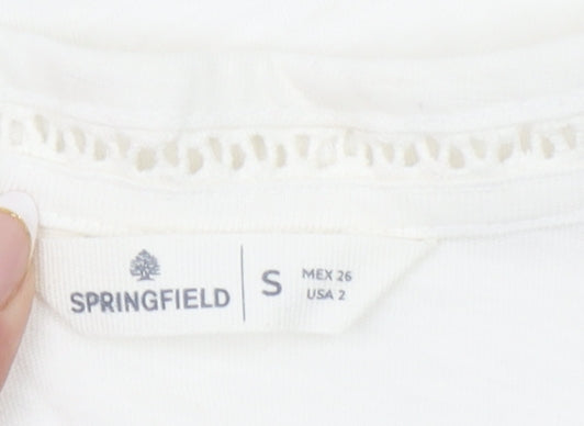 Springfield Women Ivory V-Neck Crochet Trim Cotton T-Shirt Size S