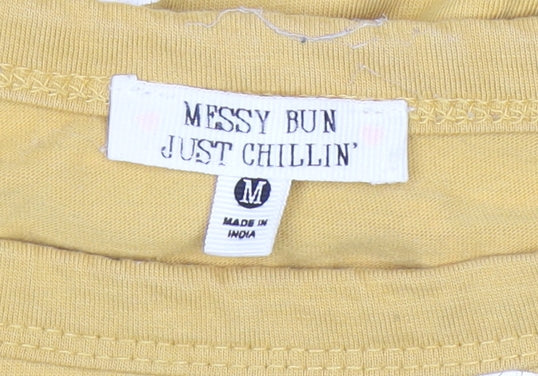 Messy Bun Just Chillin' Yellow Striped Cotton Short Sleeve Women's T-Shirt Size M