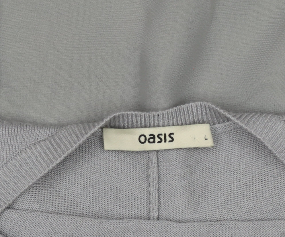 Oasis Women Grey Beaded Crew Neck Long Sleeve Knit Blouse L