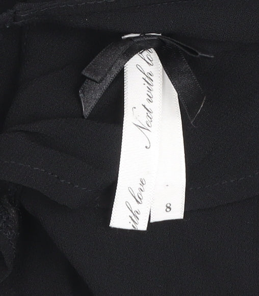 Next Women's Black Beaded Bow Short Sleeve Tunic Blouse Size 8