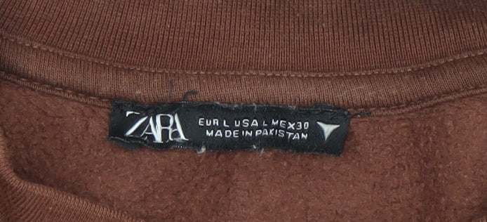 Zara Women Brown Pullover Sweatshirt Size L Crew Neck Cotton Blend