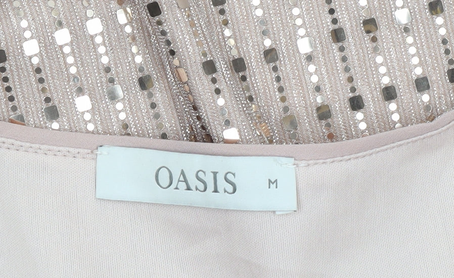 Oasis Women’s Beige Sequin V-Neck Short Sleeve Blouse Size 12