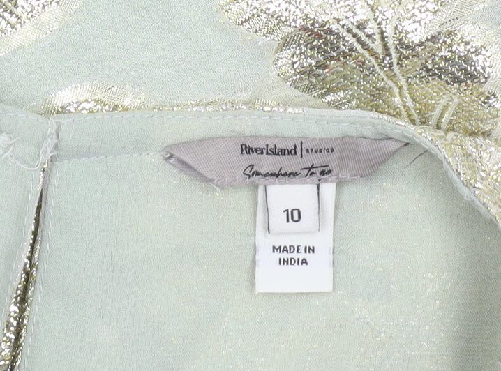 River Island Women’s Green Floral Metallic Tunic Blouse Size 10
