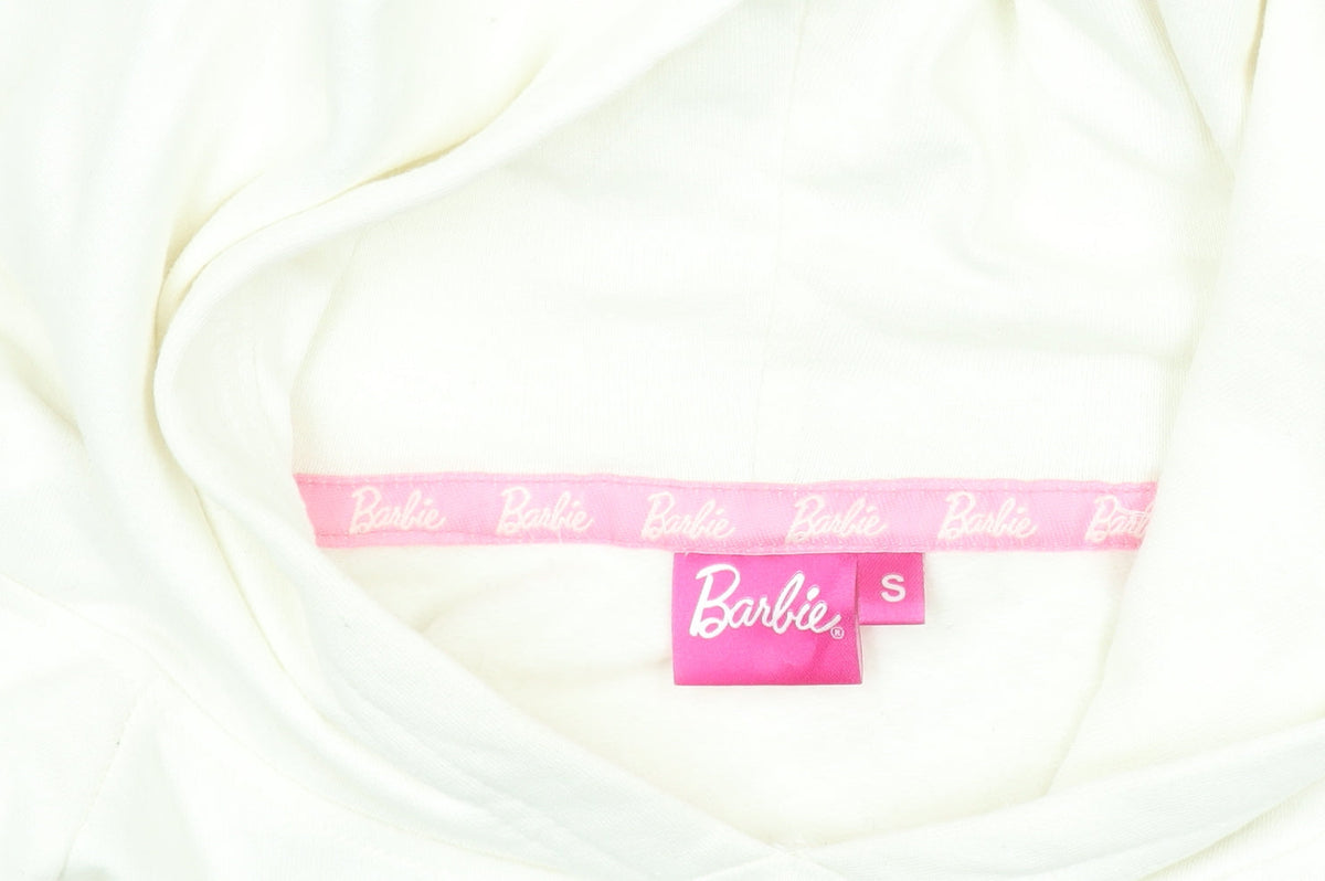 Barbie Women’s Ivory Pullover Hoodie Small – Logo Embroidered Cotton Blend