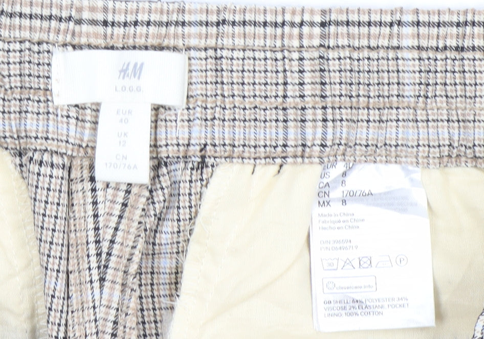 H&M Women Beige Check Drawstring Trousers Size 12 Regular Fit