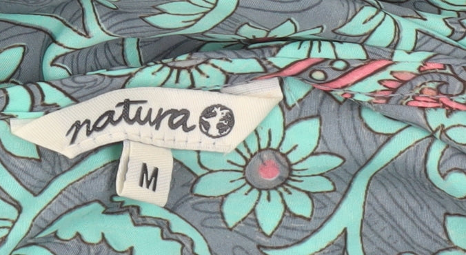 Natura Women Green Floral Shift Dress M 3/4 Sleeve Bohemian V-Neck
