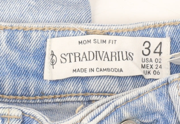 Stradivarius Women Blue Size 6 Ripped High Rise Mom Slim Jeans