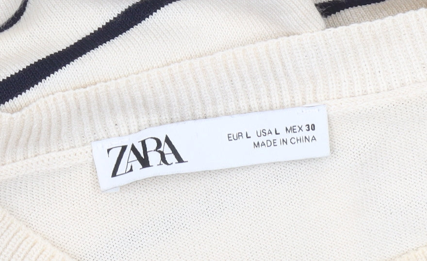 ZARA Women Beige Striped T-Shirt Dress Size 14 Short Sleeve