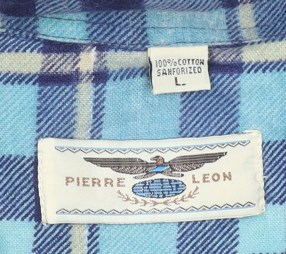 Pierre Leon Men's Blue Checked Flannel Long Sleeve Casual Shirt L