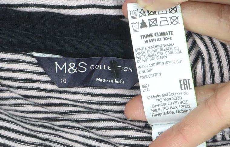 Marks and Spencer Womens Black Stripe Cotton Long Sleeve T-Shirt Size 10