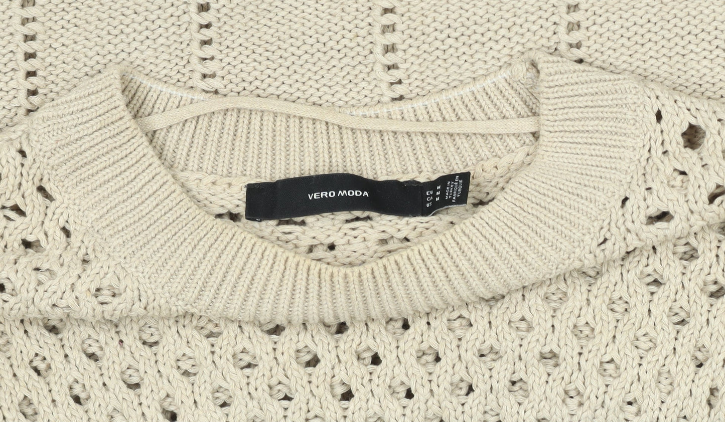 Vero Moda Women Beige Open Knit Cotton Jumper Size S