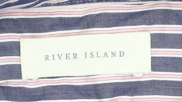 River Island Men's Blue Striped Cotton Long Sleeve Button-Up Shirt L