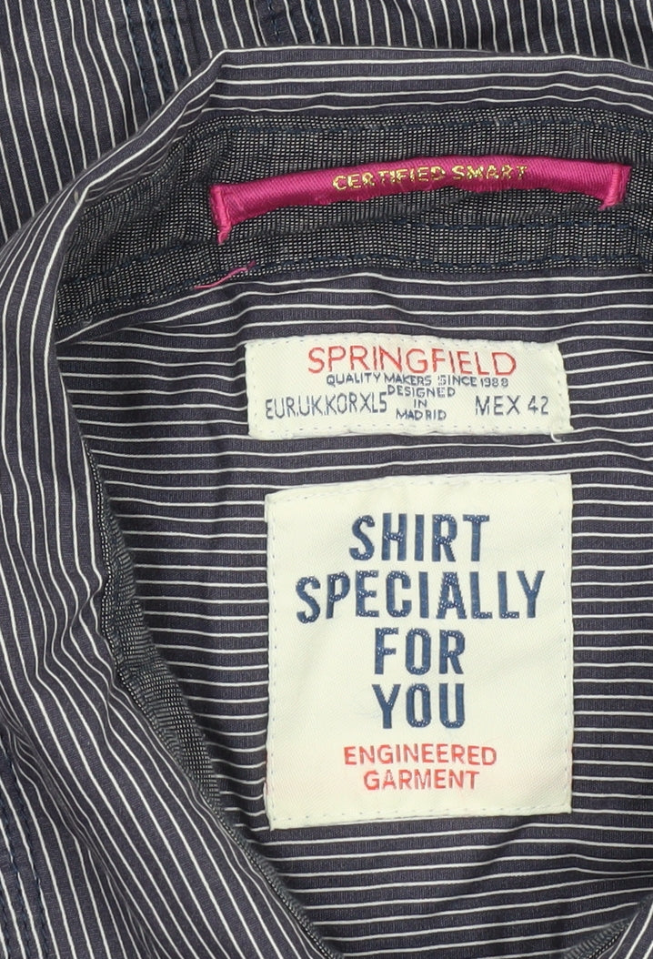 Springfield Men's Blue Striped Cotton Button-Up Shirt XL Casual Workwear