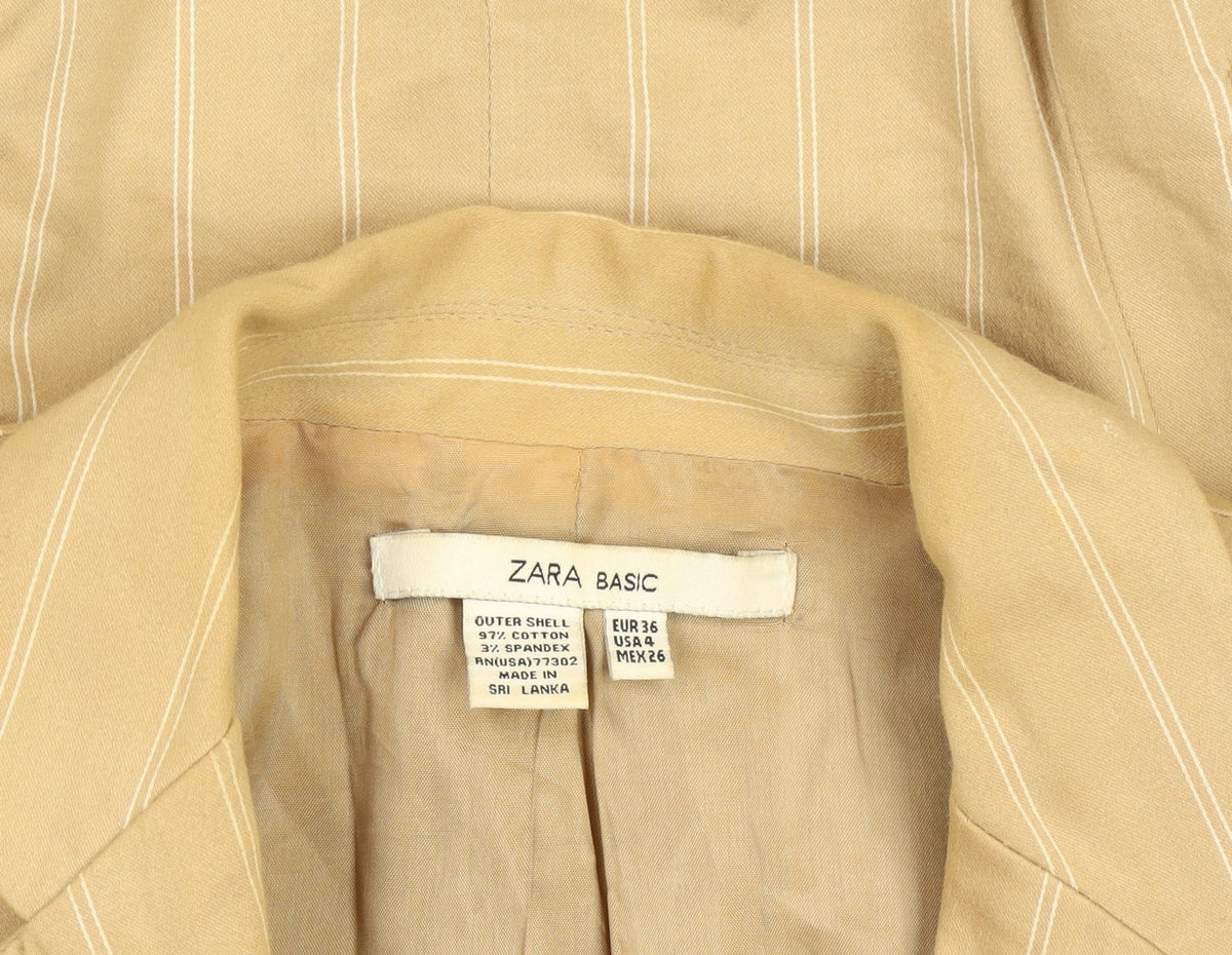 Zara Women Beige Striped Cotton Blazer Size 8 Classic Work Jacket