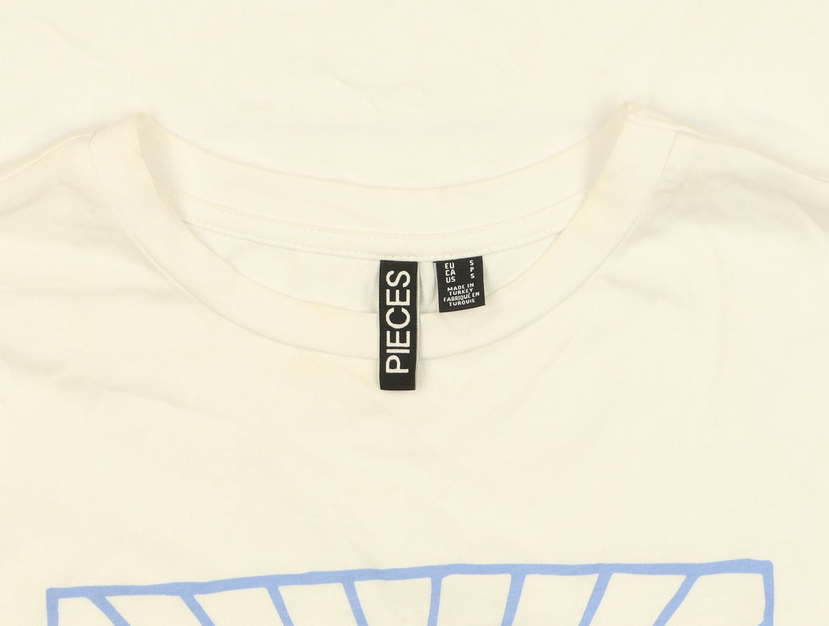 Pieces Women's White Cotton Graphic T-Shirt Size S Vacanza Print