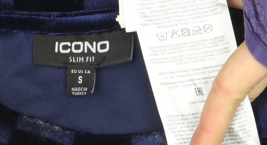 ICONO Men's Blue Check Slim Fit Velvet T-Shirt Size S