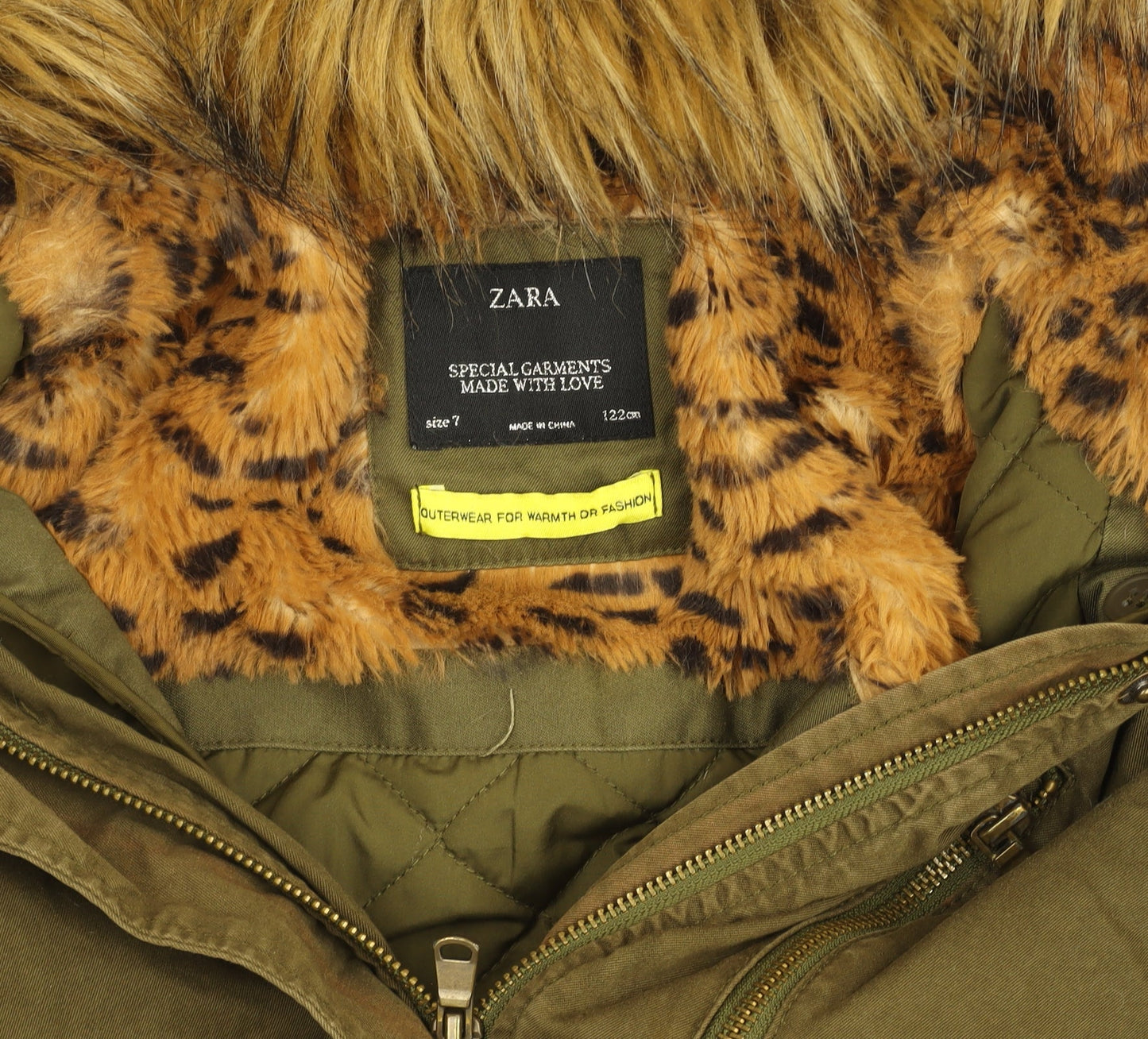 Zara Girls Green Faux Fur Lined Hooded Parka Coat 7 Years