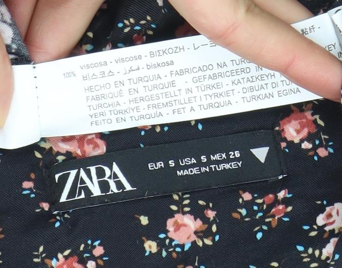 Zara Women Black Floral A-Line Short Dress Size S Long Sleeve V-Neck