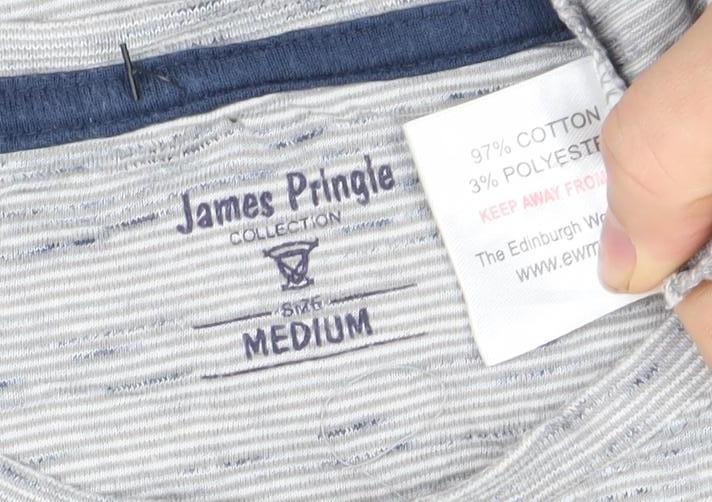 James Pringle Men’s Grey Striped Crew Neck Cotton Blend T-Shirt Size M