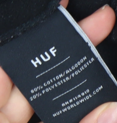 HUF Men's Black Pullover Hoodie Medium Logo Fleece Sweatshirt