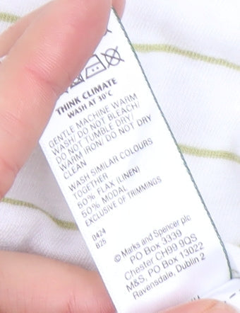 Marks & Spencer Women’s White Striped Collared Polo Top Size 10 Linen Blend