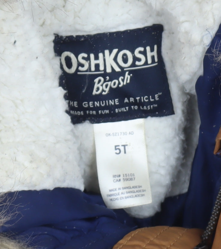 OshKosh B'gosh Boys Brown & Navy Hooded Fur Trim Puffer Jacket 5 Years