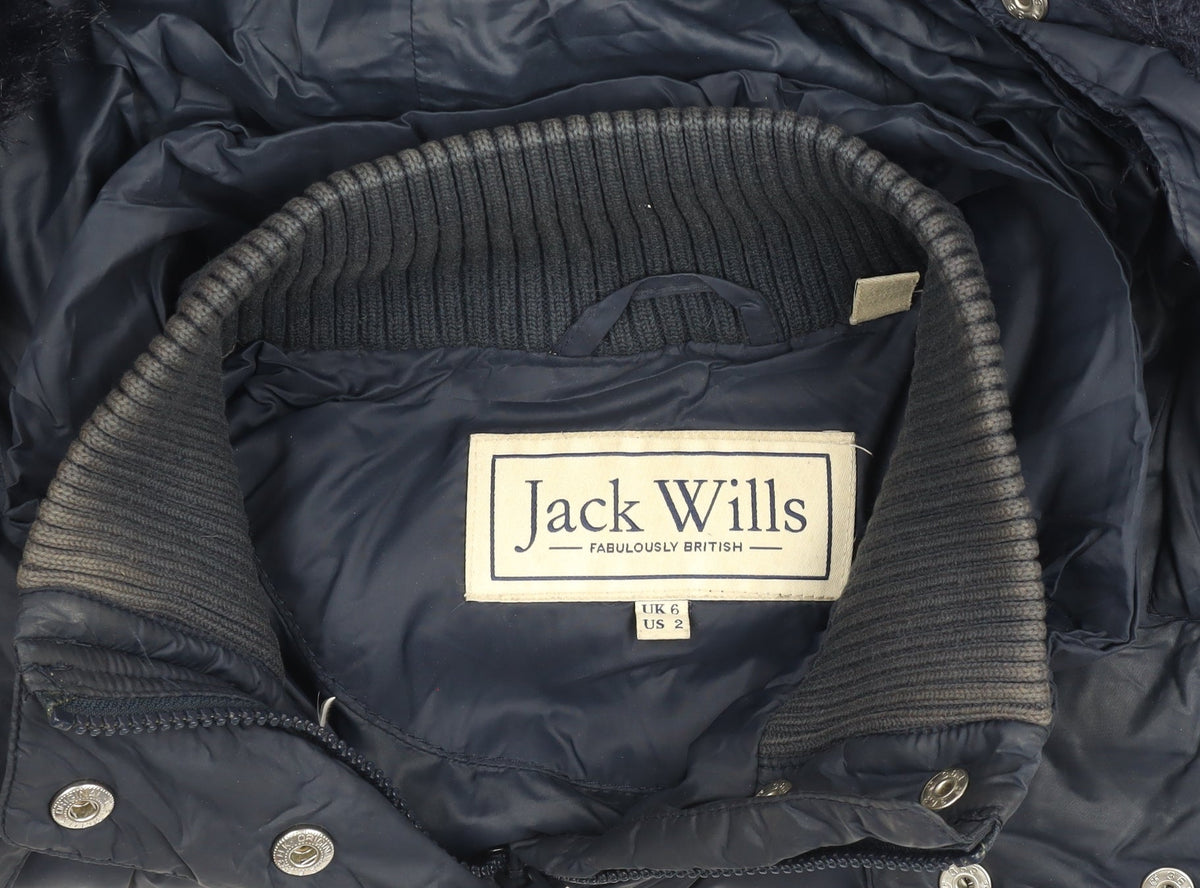 Jack Wills Girls Blue Hooded Puffer Jacket Coat UK 6 Faux Fur Trim Winter