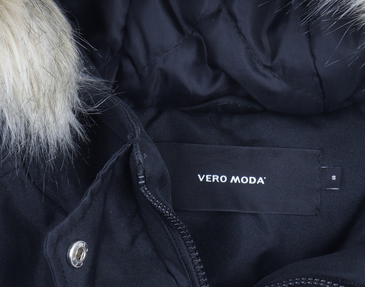 Vero Moda Womens Black Long Parka Coat Faux Fur Hood Size S