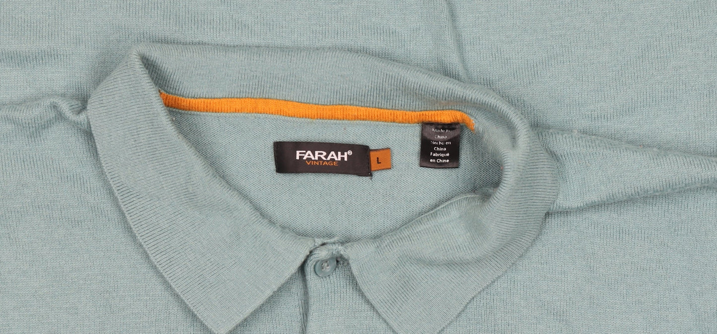 Farah Vintage Men's Green Knit Polo Shirt L Short Sleeve Collared