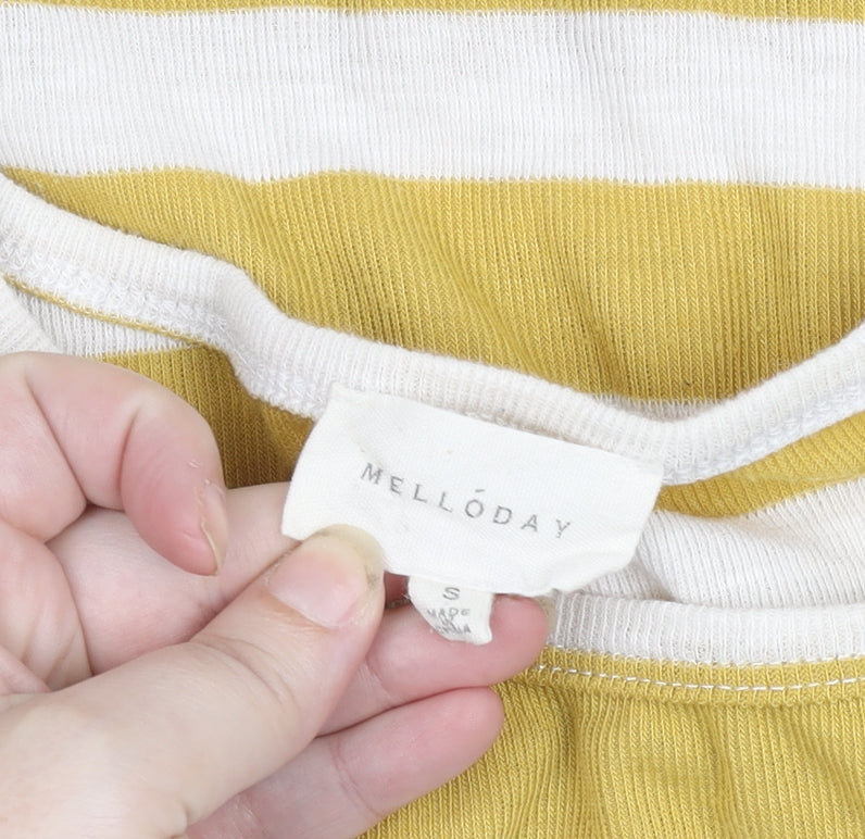 Melloday Women’s Yellow Striped Tie-Front Short Sleeve Cotton T-Shirt Size S
