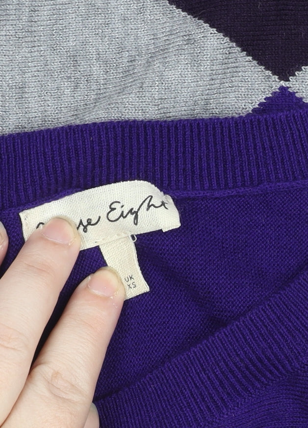 Phase Eight Womens Purple Argyle Knit Short Sleeve Relaxed Jumper XS