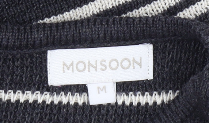 Monsoon Women Black Stripe Knit Shift Dress M 3/4 Sleeve